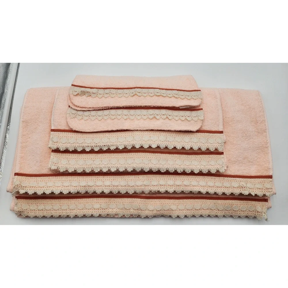 Vintage Dundee Towel Set 6 pc Peach Lace Trim Cotton Blend Bath Hand Washcloth